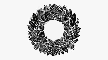 Black and white tropical leaf wreath illustration. © Dersa