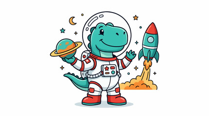 Cute Cartoon Dinosaur Astronaut Holding Saturn Planet, Rocket Launching with Fire and Smoke, Space Scene with Stars and Moon, Flat Vector Illustration © Alfa