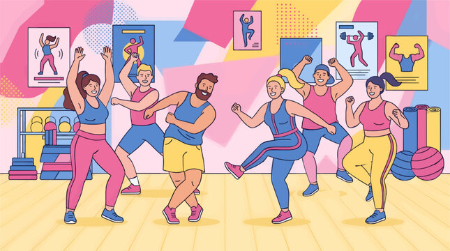 Diverse Group of People Dancing Enthusiastically in a Bright Fitness Studio, Flat Vector Illustration with Colorful Background and Exercise Equipment, Energetic Zumba Class Scene