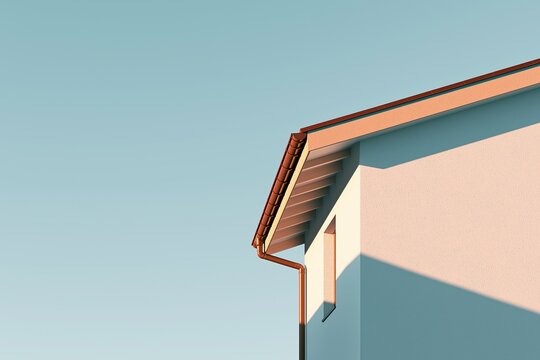 Architectural detail of copper colored roof gutter system on gable roof of modern residential house under clear bright light blue sunny sky
