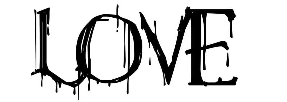 Hand-drawn love text in black ink with dripping effect, isolated on transparent background