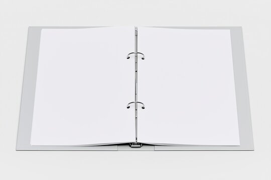 Open landscape oriented gray ring binder with two metal rings and blank white paper pages on plain solid gray background perfect for custom mockup presentation