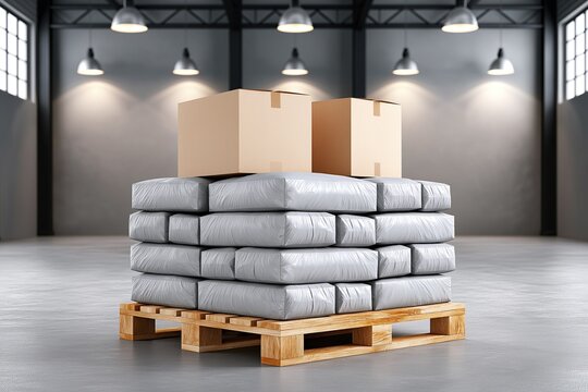 Stacked sealed wrapped packages and two top plain brown cardboard boxes placed on natural wooden shipping pallet inside modern clean industrial warehouse space