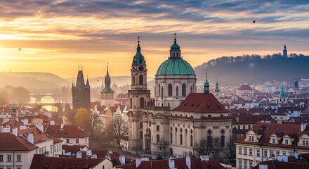 Obraz premium Historic European Church Rising Above Old Town Rooftops at Golden Sunrise