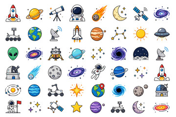 Space Exploration and Astronomy Icon Collection Featuring Rockets, Planets, Astronauts, Satellites, Telescopes, Galaxies, UFOs, Lunar Missions and Cosmic Science Concepts   © Rick Cranches