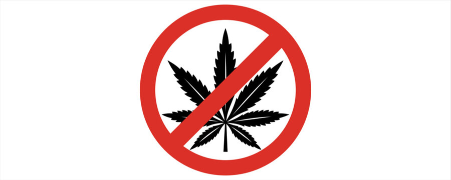 No cannabis warning sign with red prohibition circle and marijuana leaf symbol vector illustration