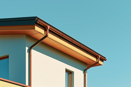 Copper colored gutter and downspout drainage system on modern residential house roof corner under clear bright light blue sky