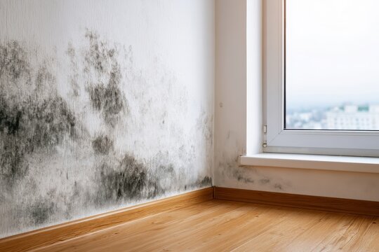 Black mould and fungus on wall near window. The problem of ventilation, dampness, cold in the apartment. Mold spots in the corner of white walls. Spores thrive on moisture quickly grow into colonies