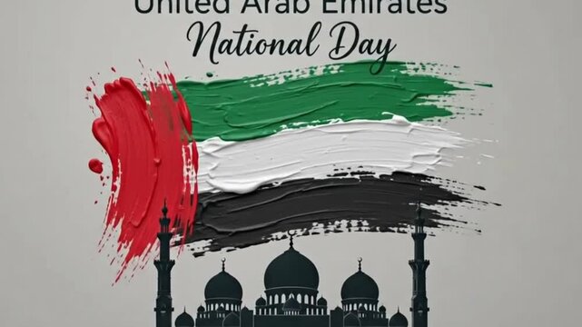 United arab emirates flag painted with brush strokes above a silhouette of a mosque