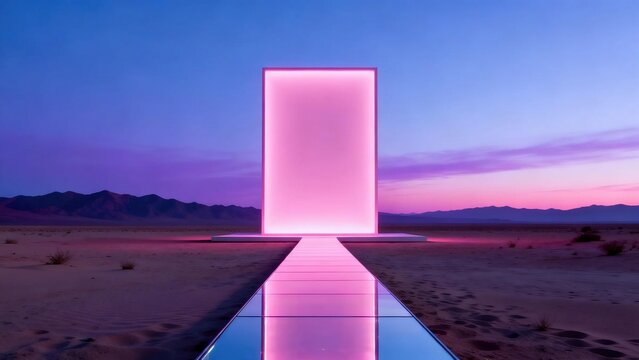 Surreal futuristic landscape with glowing pink rectangular portal standing in sandy desert with purple pink twilight sky and distant mountains for abstract future concept