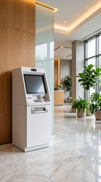 Modern white self-service kiosk terminal in a luxurious office lobby