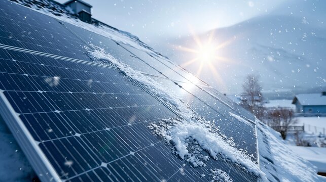 Rooftop Solar Panels Melt Snow Under Bright Sunlight in Winter Season