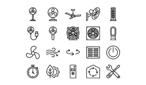 Fan Equipment Monochrome Vector Icon Pack with Cooling and Airflow Symbols