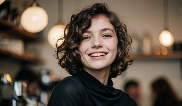 Smiling Young Woman with Curly Hair in Warm Cafe Setting