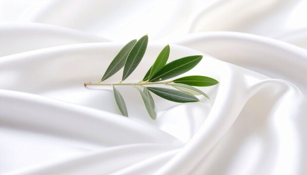 Fresh green olive branch symbol on elegant white silk background for International Day of Peace