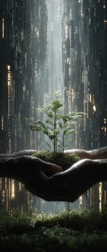 Children's hands unite for mother earth, nature nurturing scene.