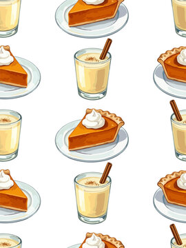 sweet pumpkin pie and eggnog mug seamless pattern hand drawn vector illustration on white background for autumn print decor