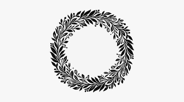Circular black and white leaf wreath illustration.