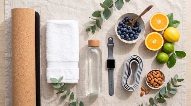 Flat Lay of Yoga Mat, Water Bottle, Smartwatch, Fresh Fruits