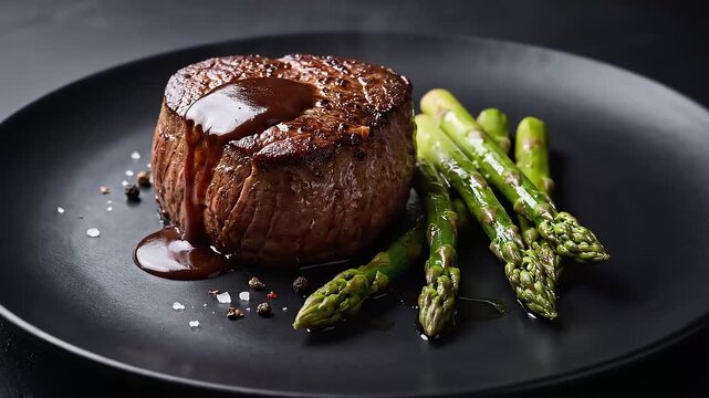 Cinematic close-up of a perfectly seared filet mignon steak with asparagus