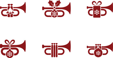 Christmas trumpet icons with holiday decorations and gifts in red color on white background © MD HASAN