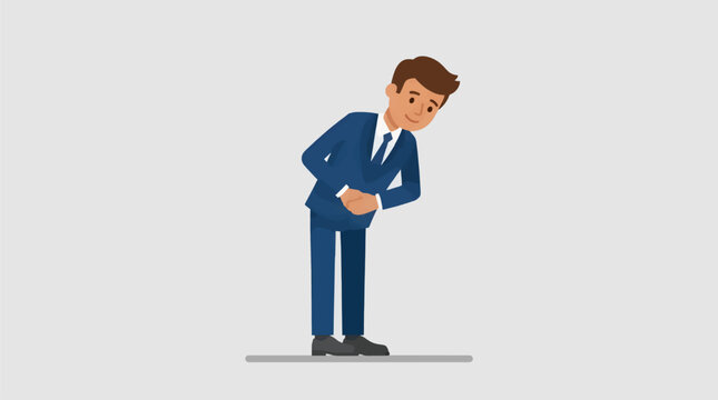 Flat Design Businessman Bowing Modestly, Showing Respect and Politeness, Simple Vector Illustration with Copy Space on Light Gray Background