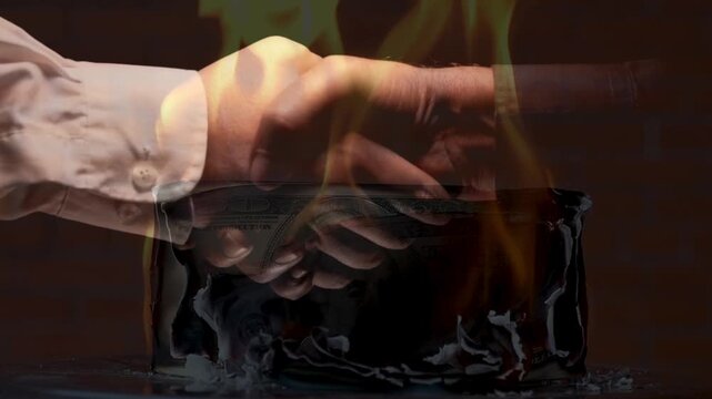 Dramatic double exposure of a business handshake engulfed in flames. Symbolizes a hot deal, intense negotiation, destructive partnership, or high-risk business agreement.