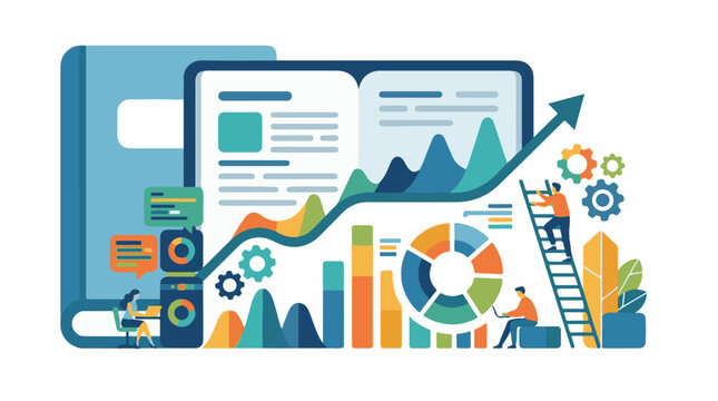 Data analysis and business growth illustration with charts people and gears