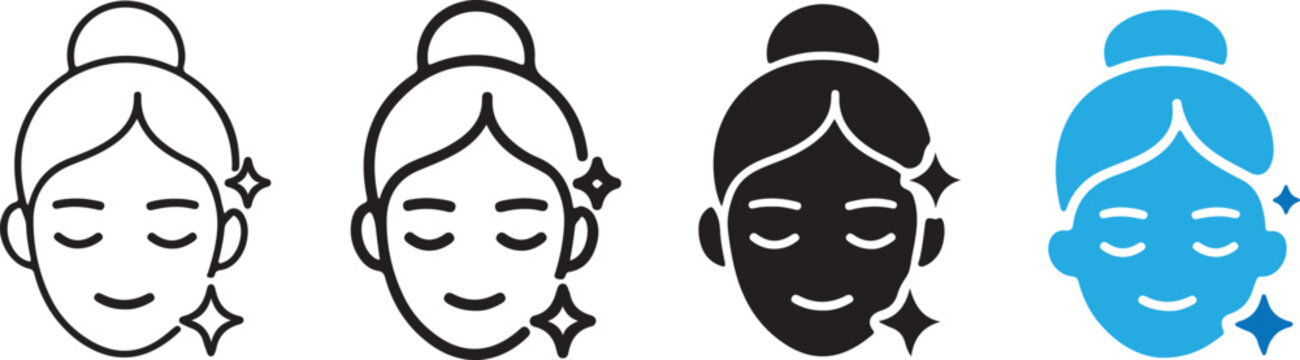 Woman face skin care icons. Beauty spa treatment vector set. Clean facial glow symbols for cosmetics.