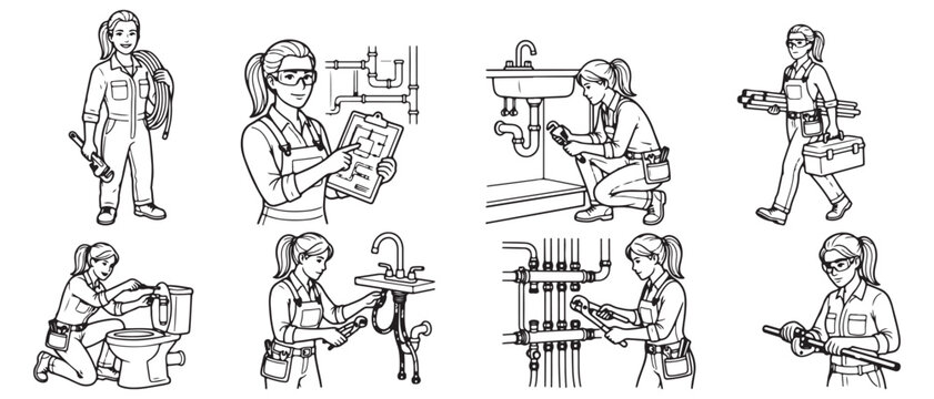 Hand drawn female plumber pipe repair and bathroom maintenance sketch line art vector set
