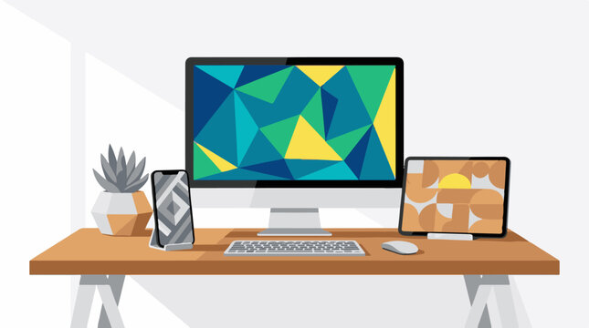 Desktop setup with computer tablet smartphone keyboard mouse plant