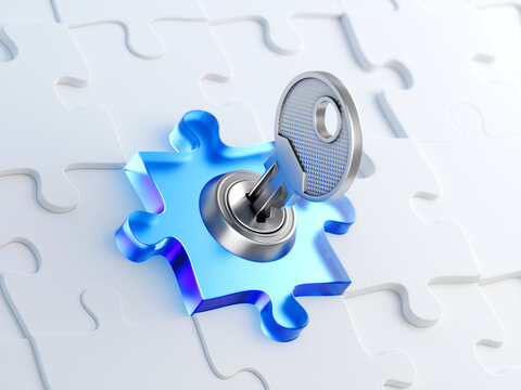Security, solutions, knowledge concept - Jigsaw puzzle piece lock on jigsaw puzzle. 3d illustration