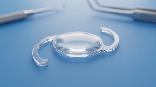 Intraocular lens IOL used in cataract surgery placed on clean blue background with professional ophthalmic medical tools