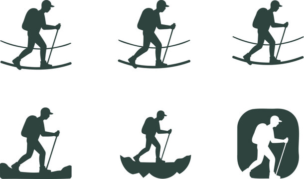 Skiing man silhouettes in various poses with skis and poles on white background
