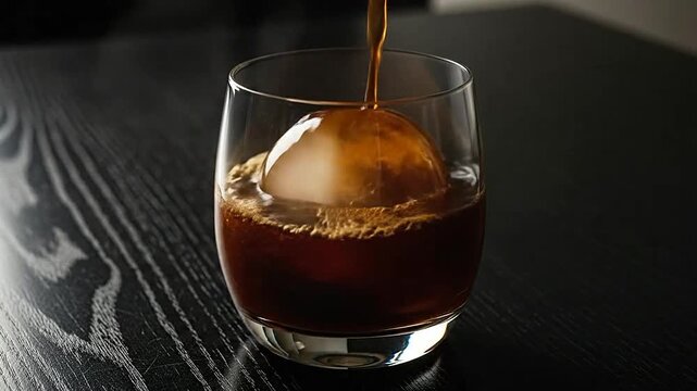 A dark liquid is poured over a large spherical ice cube in a glass