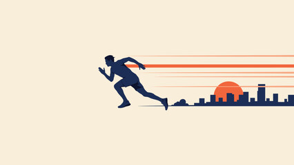 Naklejka premium Runner sprinting towards city silhouette at sunset with sprinting silhouette exercise training movement velocity