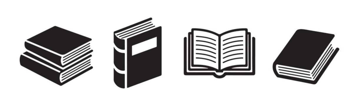 Set of black book icons, various book styles, stacked books, and open book vector illustrations.