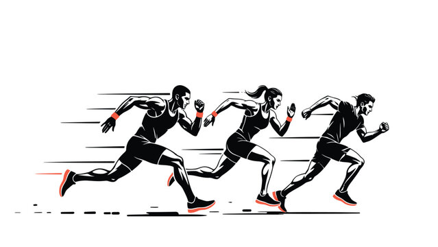 High speed sprinting athletes group illustration in minimalist vector style with sprinting athletes competition