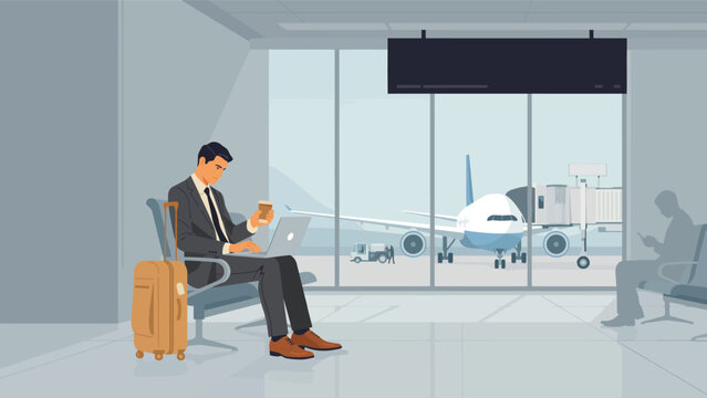 Business traveler working on laptop in airport terminal near window with airplane on tarmac traveler business terminal