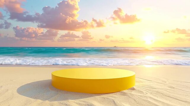A yellow circular display platform sits on a sandy beach during a vibrant sunset