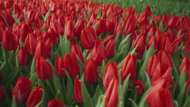 Dense red tulip buds fill frame in close elevated view, forming repeating garden rows with fresh green leaves, soft daylight, rich color contrast, spring mood, ornamental floral texture