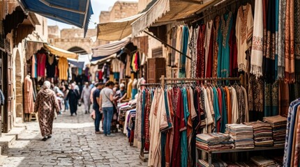 Obraz premium Vibrant Moroccan Souk Alleyway with Colorful Textiles and Shoppers.