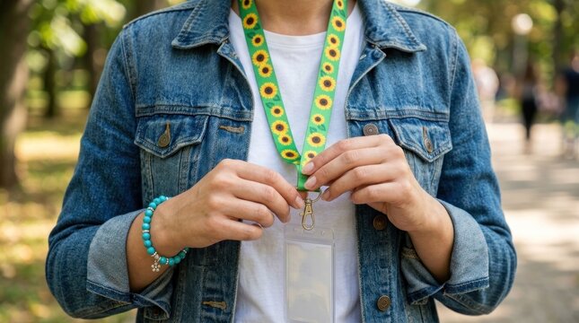 Woman in denim jacket with sunflower lanyard at outdoor event.