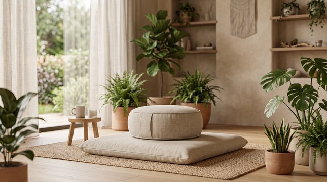 Serene Meditation Space with Plants and Natural Light
