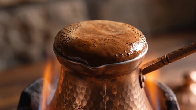 Traditional Turkish Coffee Brewing in Copper Pot Over Open Flame