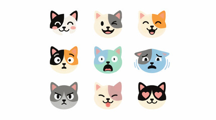 Fototapeta premium Cute Cat Faces Expressing Various Emotions: Joy, Fear, Concentration, Love, and More, Flat Vector Illustration Set