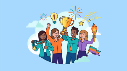 Fototapeta premium Diverse Business Team Celebrating Success with Trophy, Medal, Torch, and Lightbulb Illustration, Flat Design Style with Copy Space