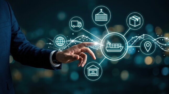 Supply chain management concept with hand touching digital network interface
