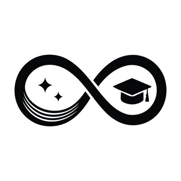 Black infinity symbol with graduation cap and stars on a white background