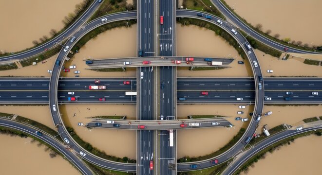 Aerial view of a flooded highway interchange with traffic navigating submerged roads, showcasing transportation disruption and infrastructure challenges.